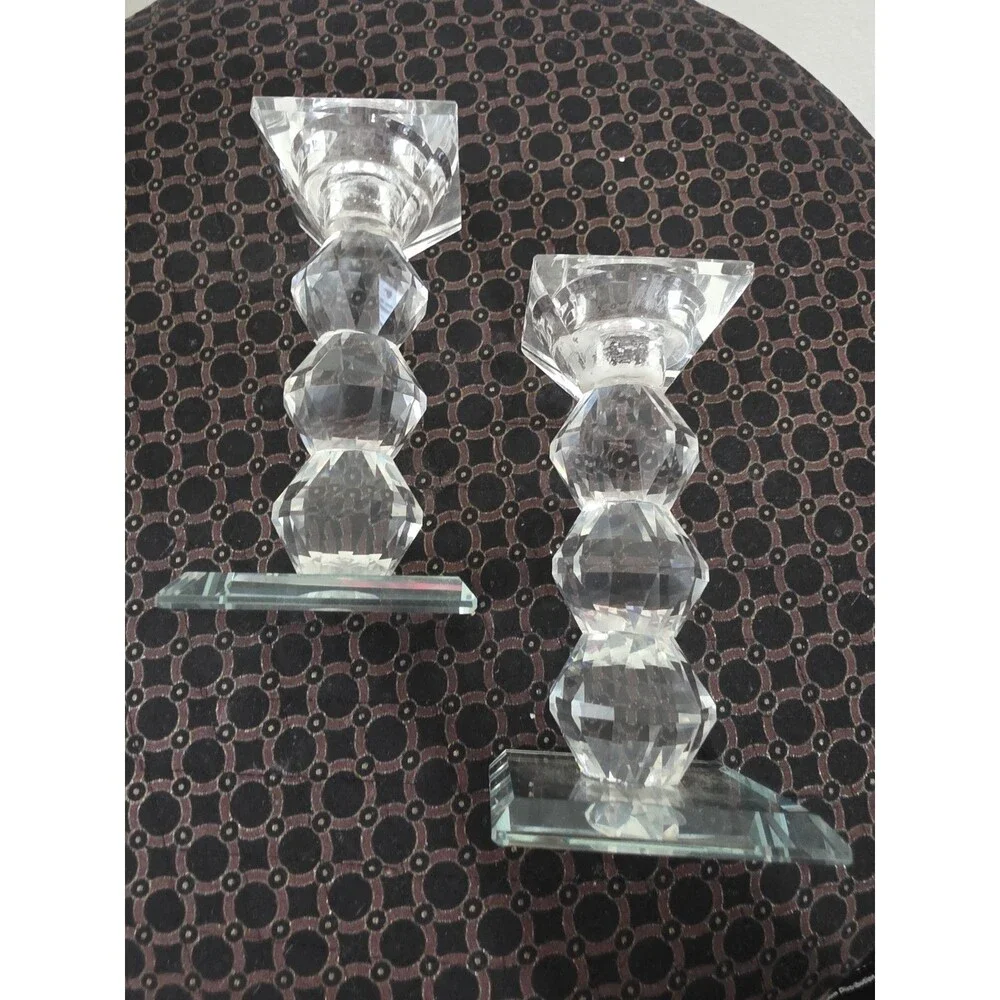 Art Deco CRYSTAL Set of 2  Gemstone Cut PRISM Pillar Candlestick Holder Pair